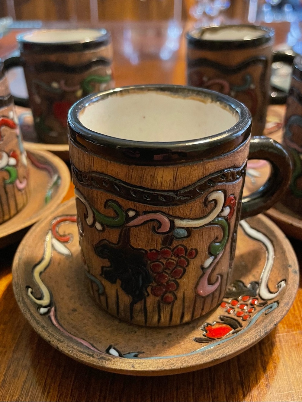 Vintage Armenia Art Pottery Terracotta Espresso Cups & Saucers Set of 5